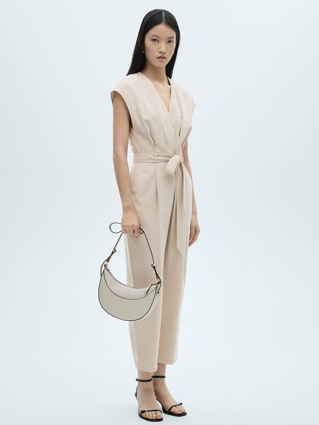 

MANGO Belted Pleated Jumpsuit, Beige