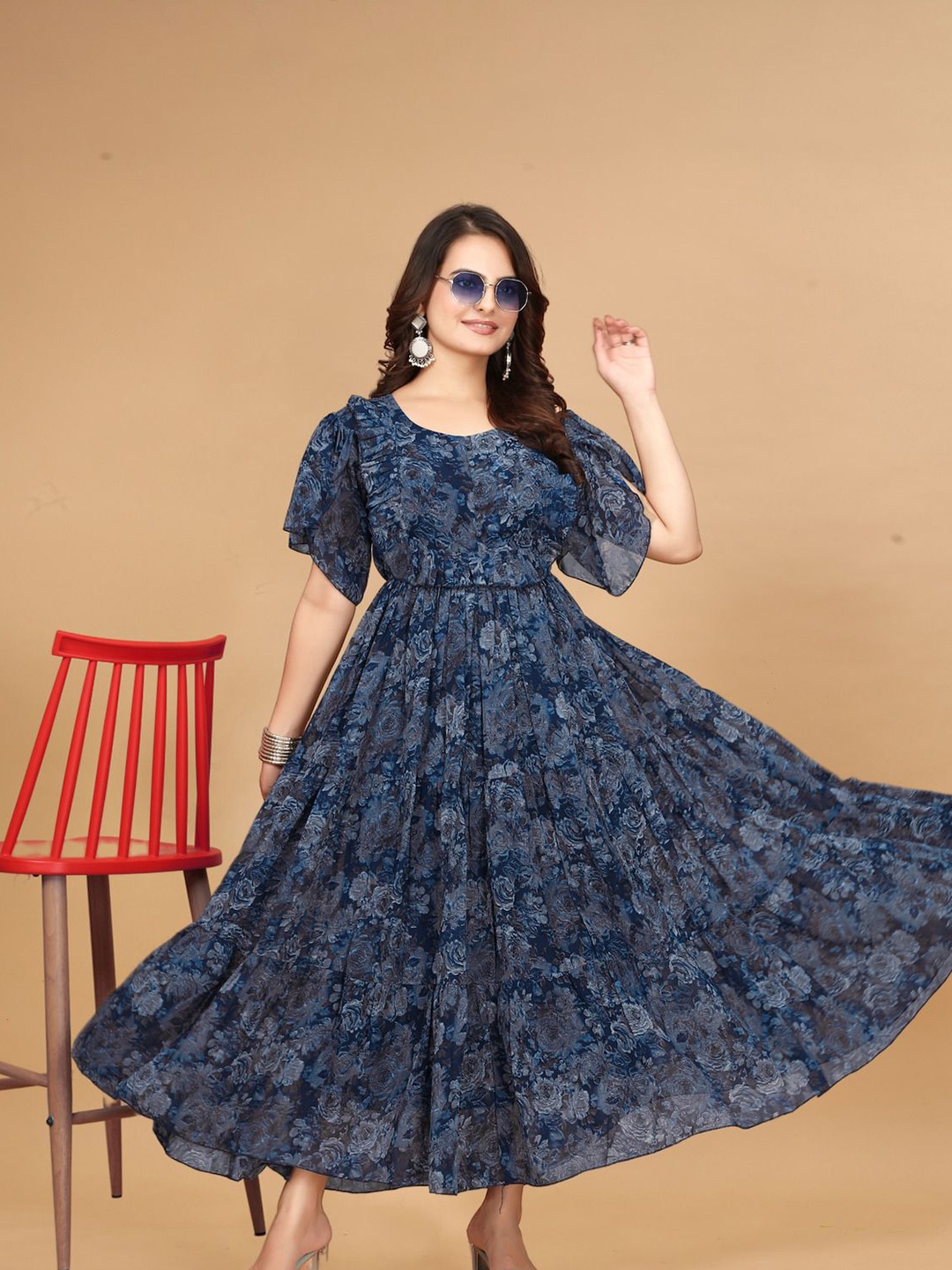 

Eightone Women Floral Printed Flared Sleeve Georgette Maxi Dress, Blue