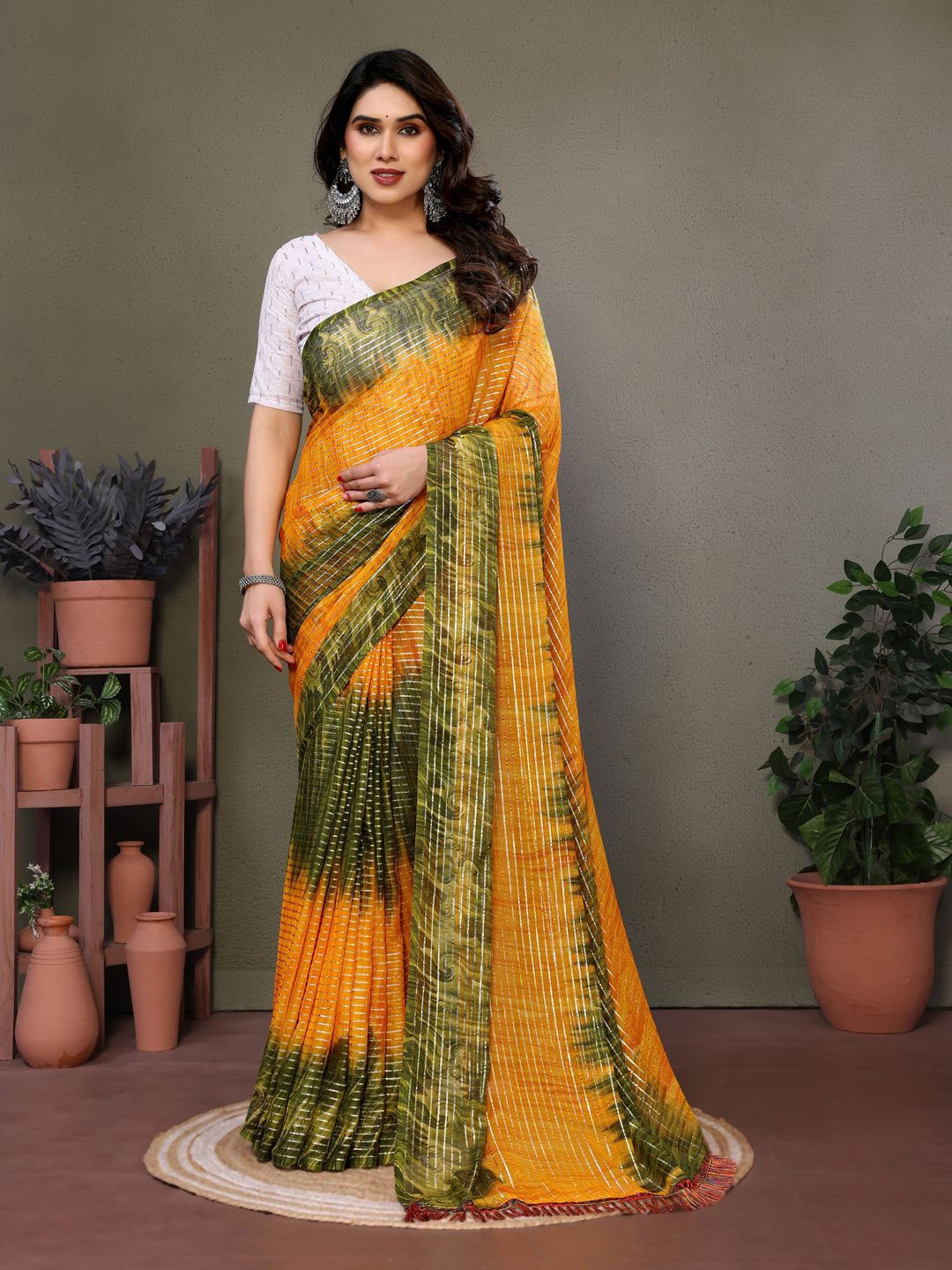 

yourwish Colourblocked Pure Georgette Block Print Saree, Orange