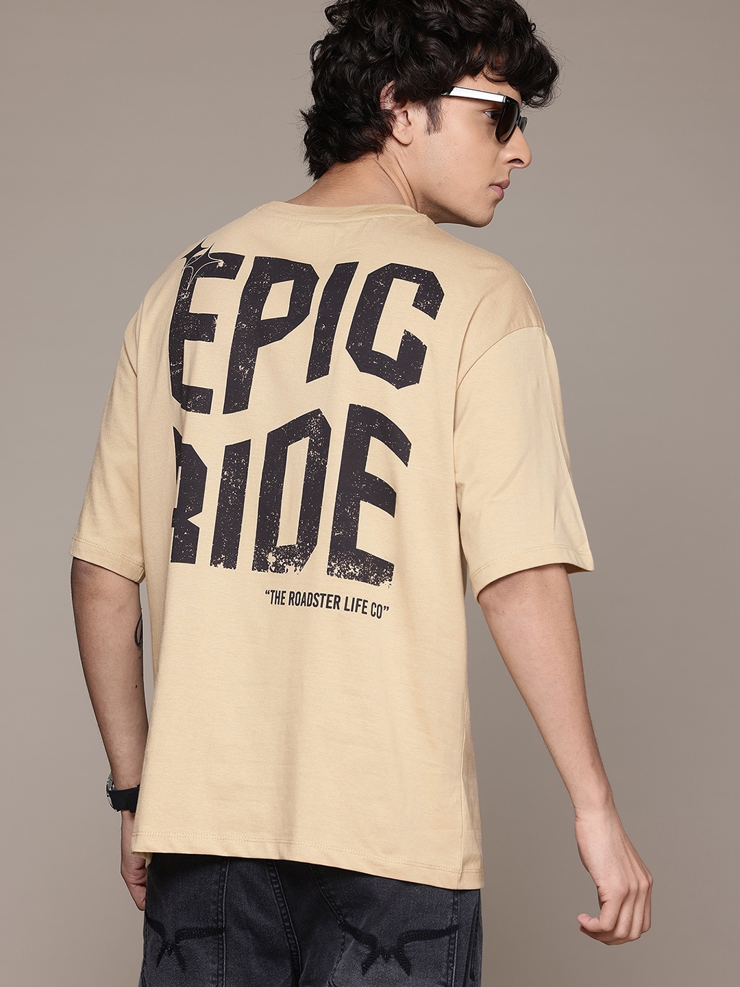 

The Roadster Lifestyle Co. Typography Printed Pure Cotton Relaxed Fit T-shirt, Beige