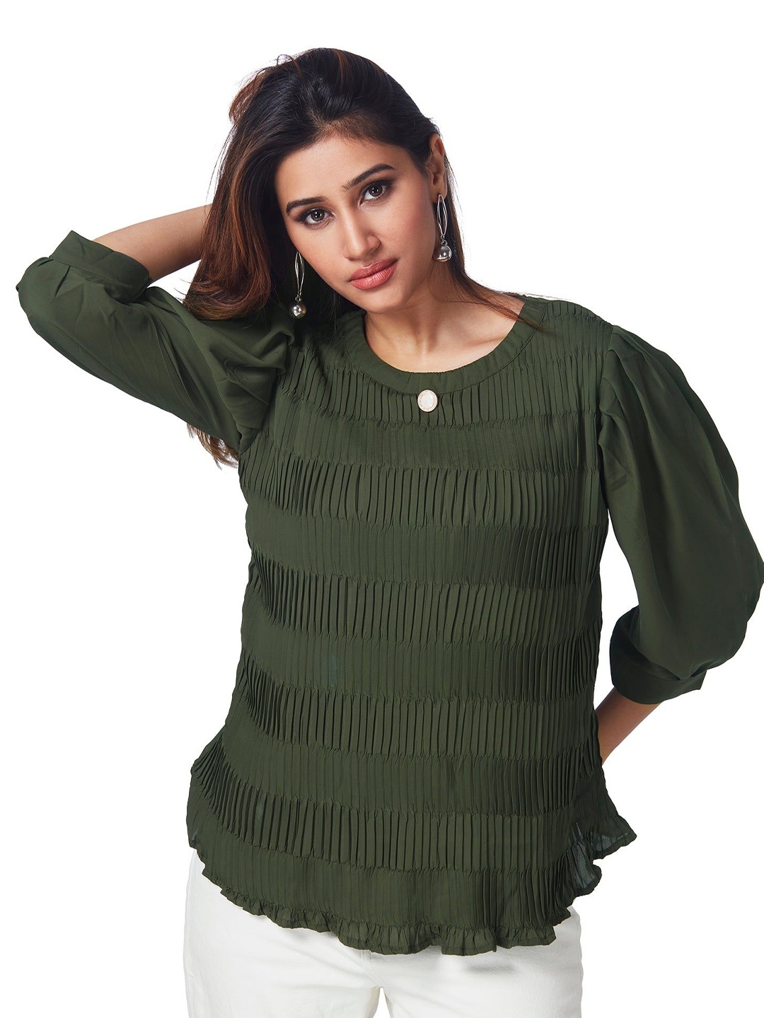 

FREYAA Women Self Design Round Neck A-Line Top, Green
