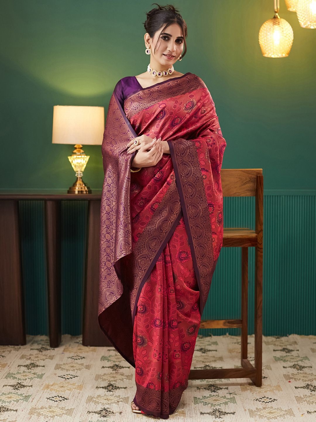 

Mitera Floral Woven Design Saree, Red