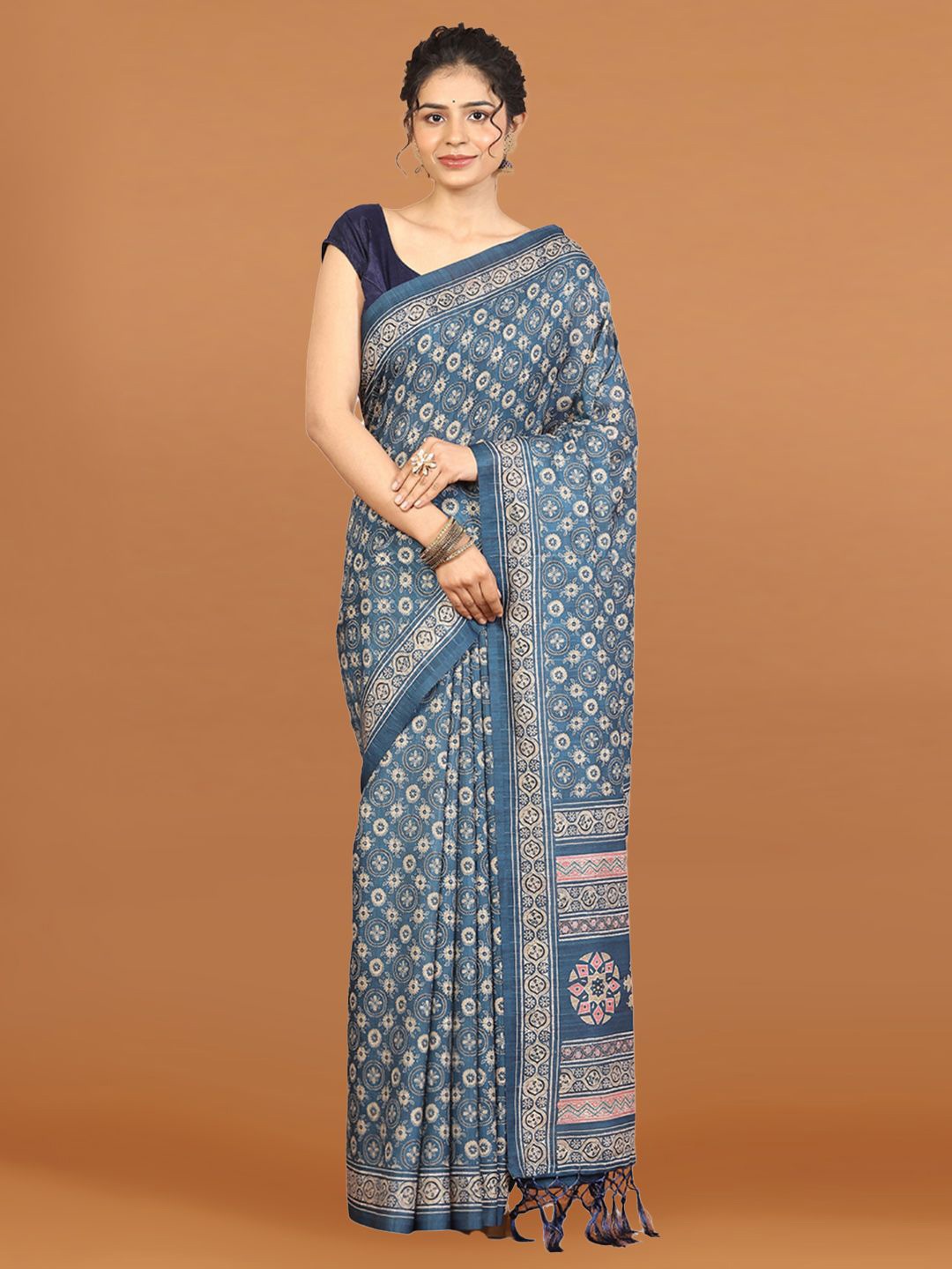 

Meena Bazaar Floral Art Silk Designer Tussar Saree, Blue