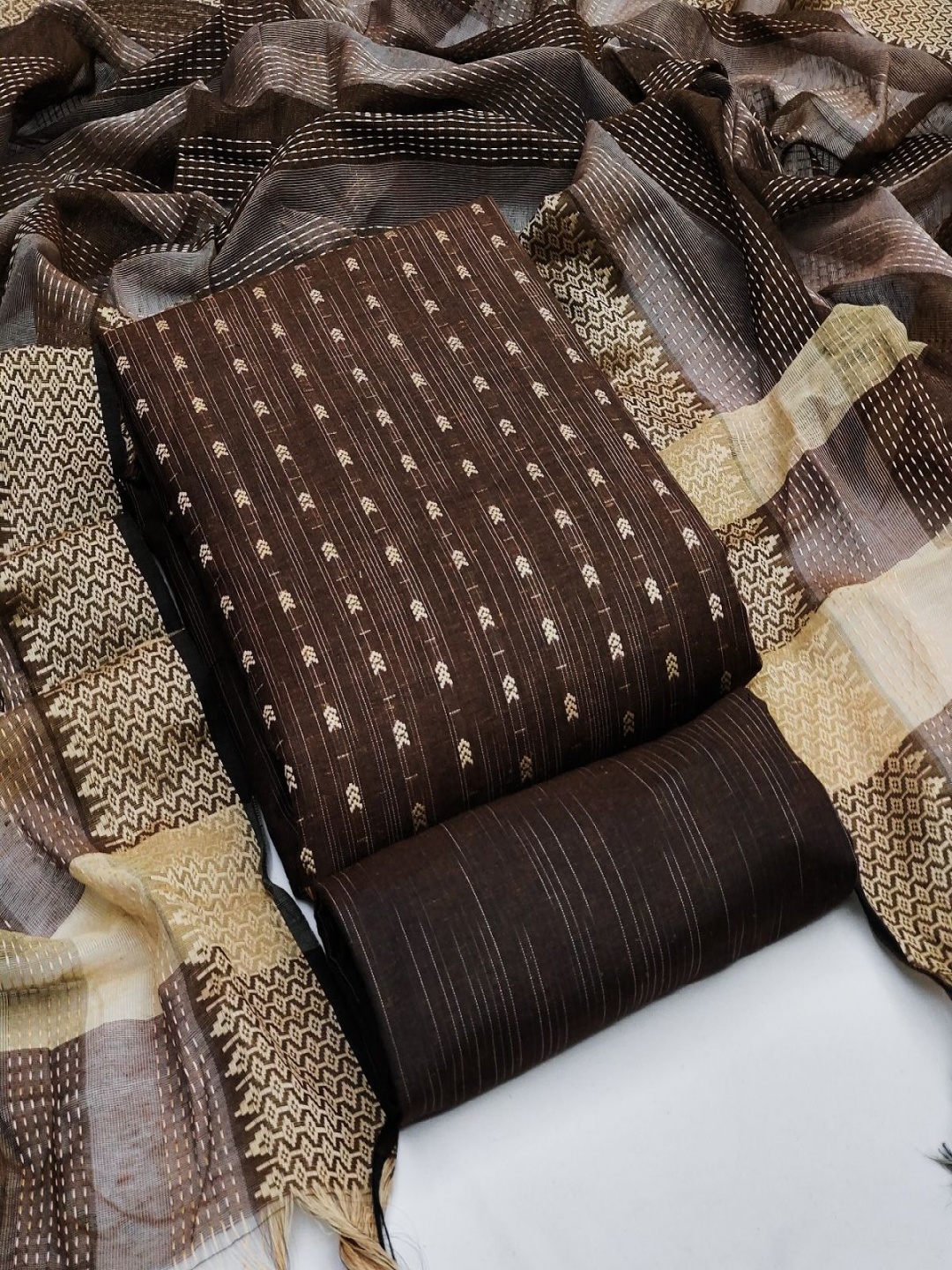 

A TO Z CART Geometric Embroidered Unstitched Dress Material, Coffee brown
