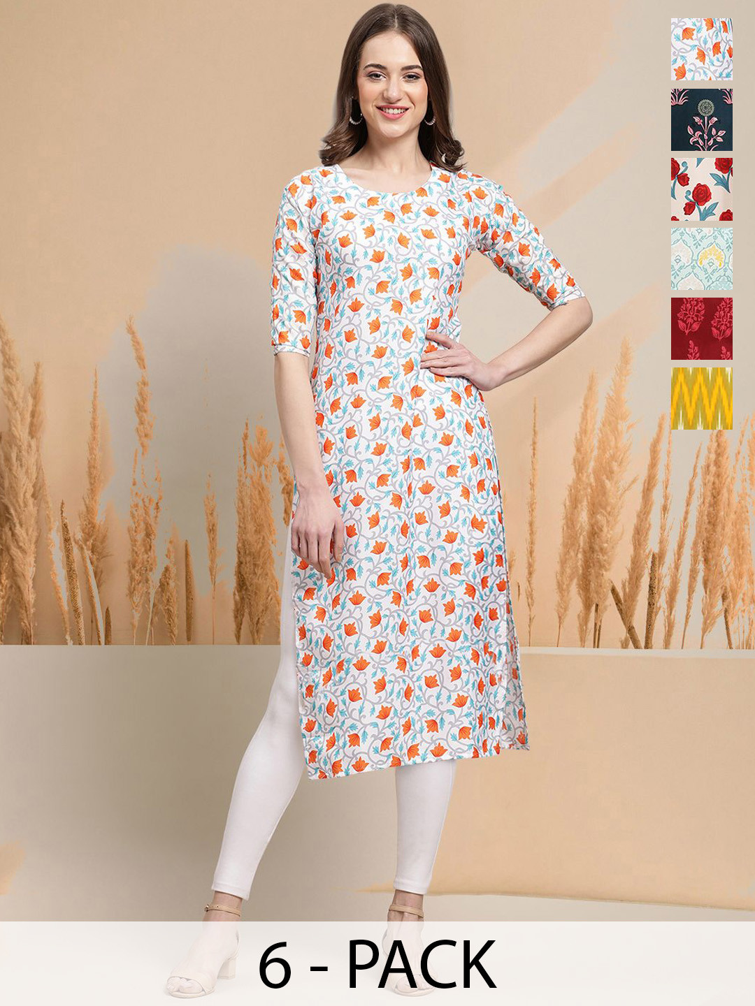

7Threads Selection Of 6 Floral Printed Round Neck Straight Kurtas, White