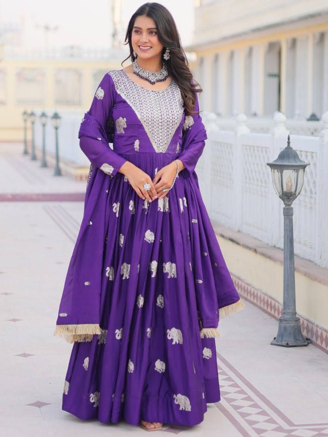 

KALINI Women Floral Embroidered Gown With Dupatta Ethnic Dresses, Purple