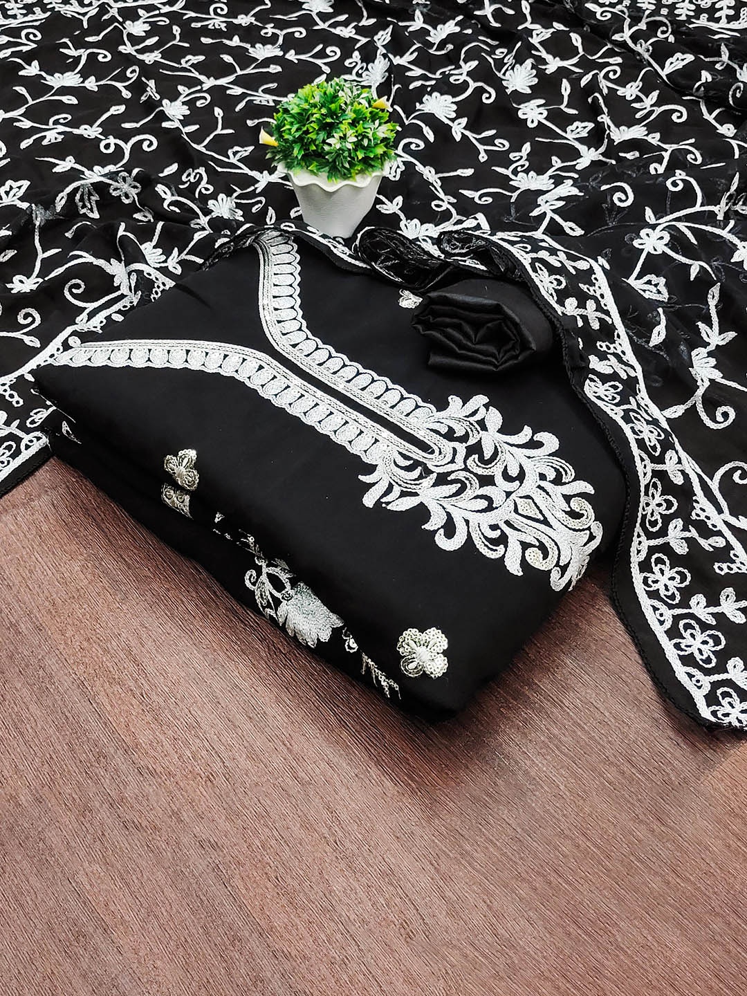 

KALINI Floral Embroidered Sequinned Silk Georgette Unstitched Dress Material, Black