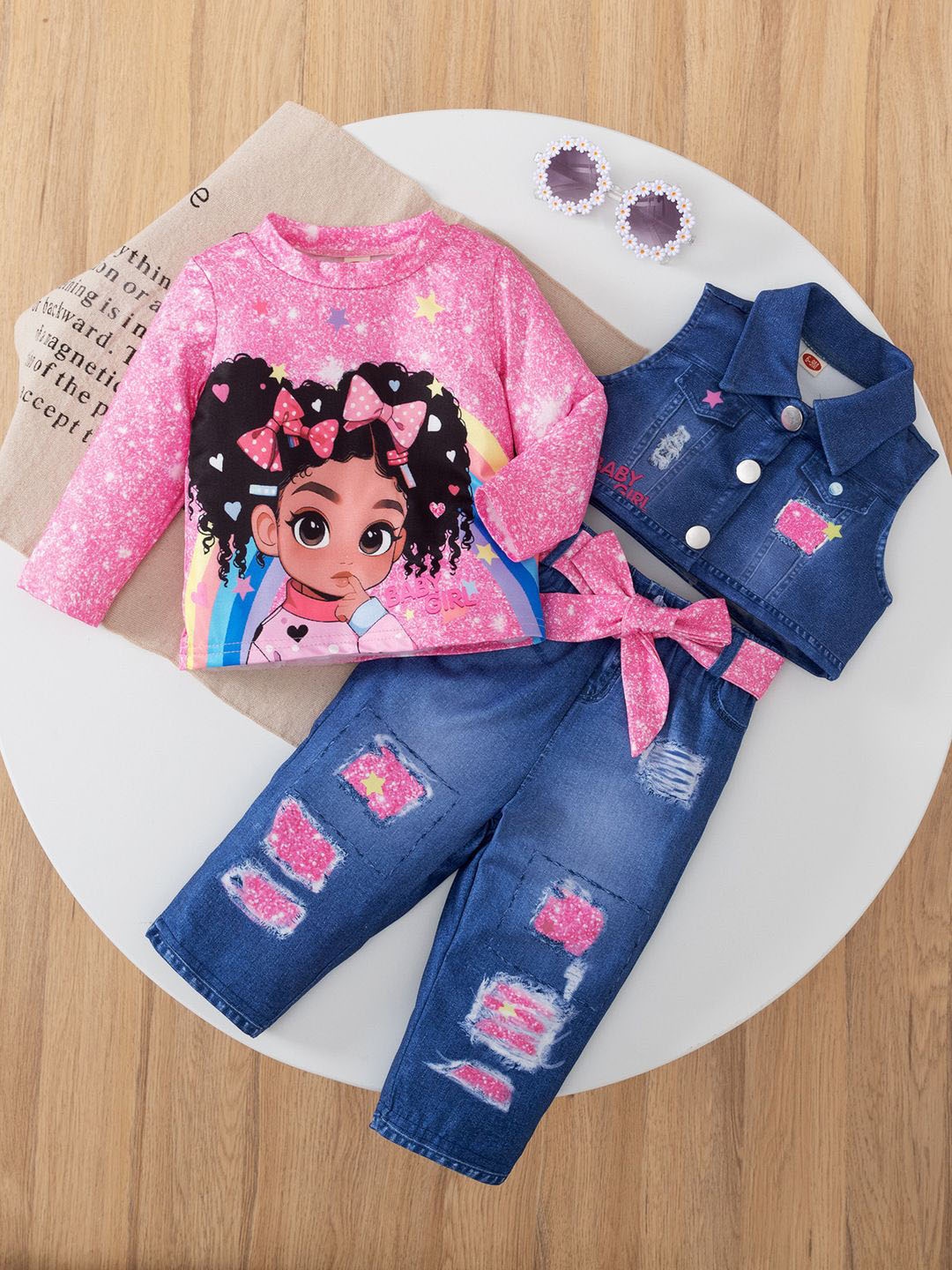 

YK Girls Printed T-Shirt Trouser &Jacket Clothing Set, Pink