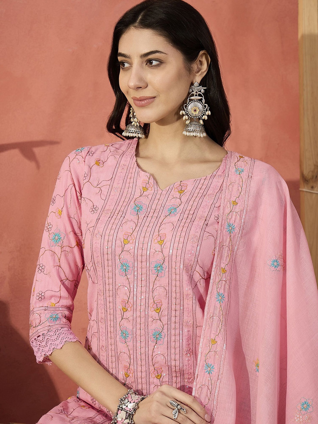 

Sangria Embroidered Straight Round Neck Kurta & Trousers With Dupatta, Pink