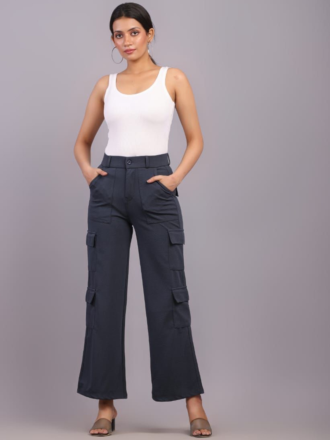 

HIGH BUY Women Cotton Comfort High-Rise Cargo Trousers, Grey