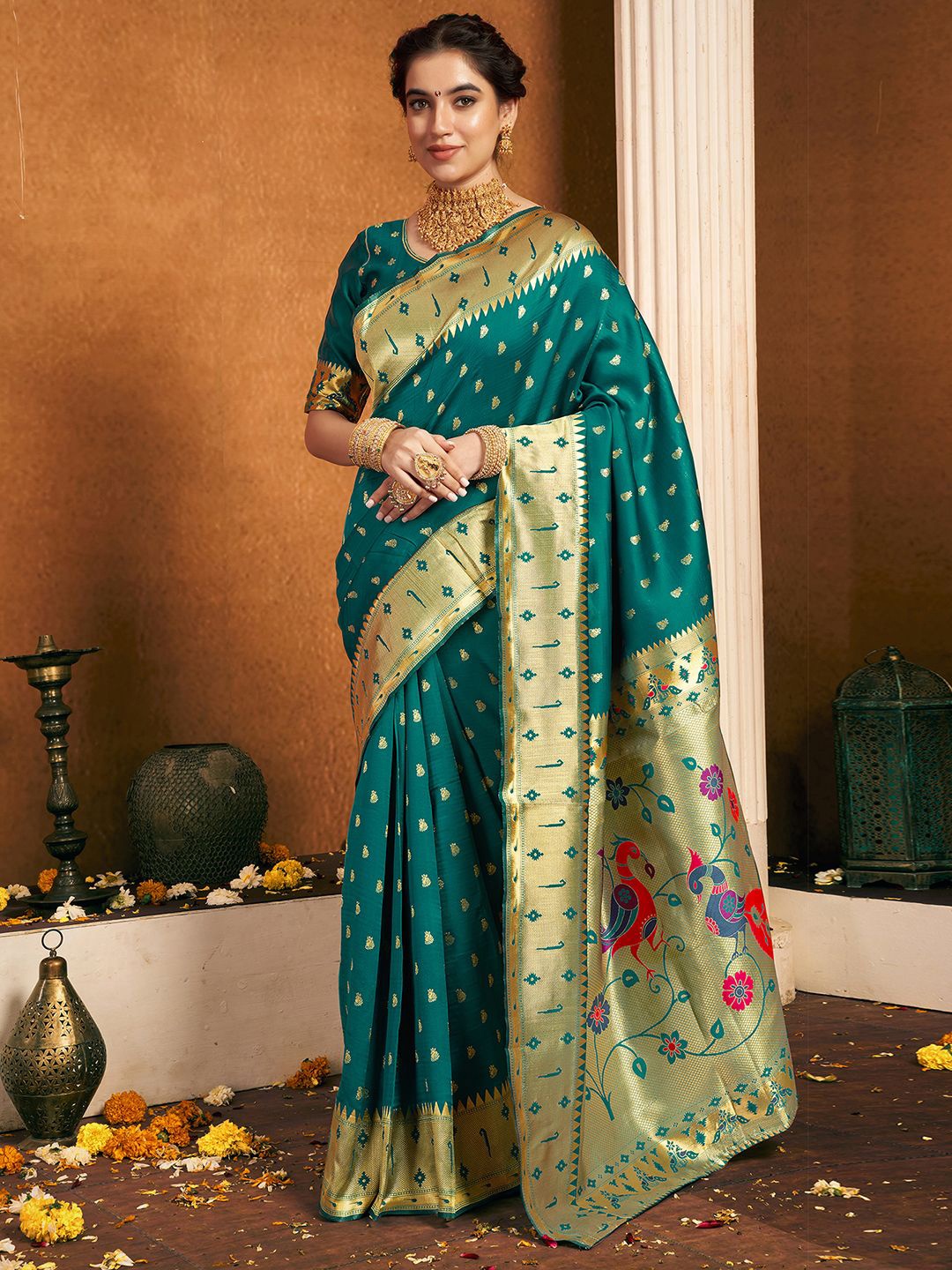 

KALINI Woven Design Zari Paithani Saree, Green