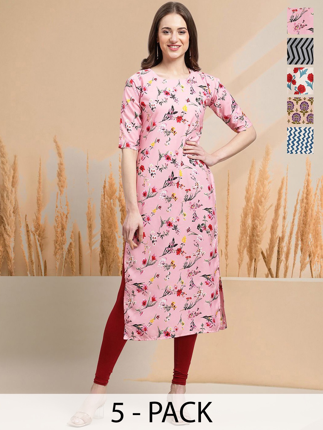 

7Threads Selection of 5 Floral Printed Round Neck Straight Kurtas, Pink