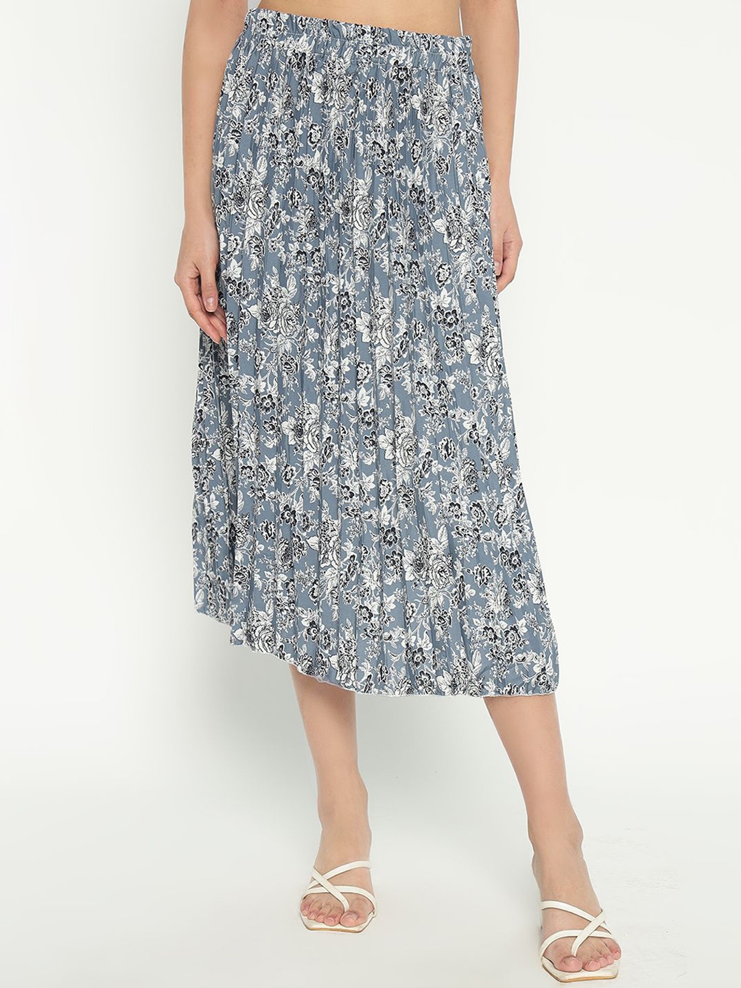 

Femvy Women Floral Printed Accordion Pleats Midi A-Line Flared Skirt, Blue
