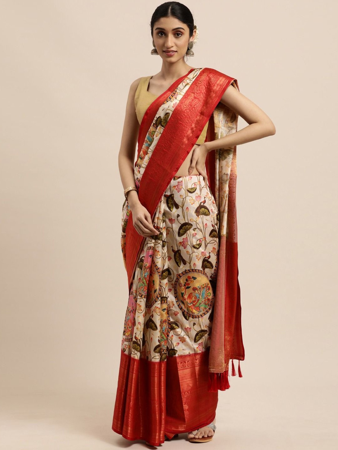 

ZIBLON Woven Design Kalamkari Zari Banarasi Saree, Cream