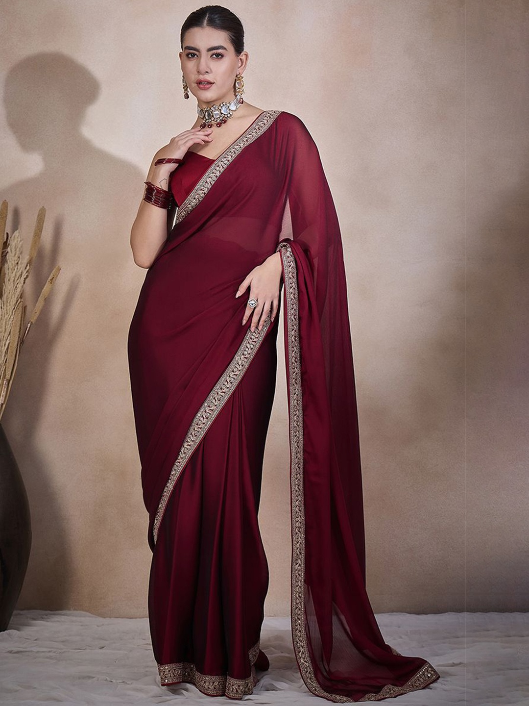 

all about you Embroidered Lace Border Satin Ready to Wear Saree, Maroon