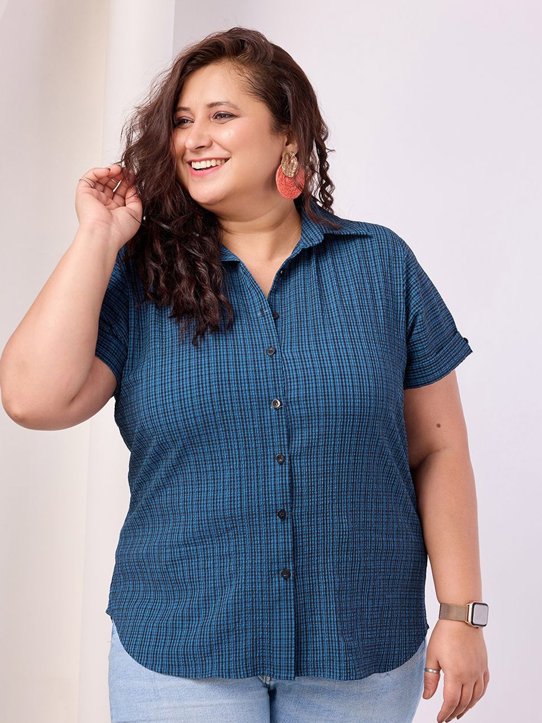 

BAESD Women Plus Size Standard Fit Spread Collar Micro Checked Elastane Casual Shirt, Teal