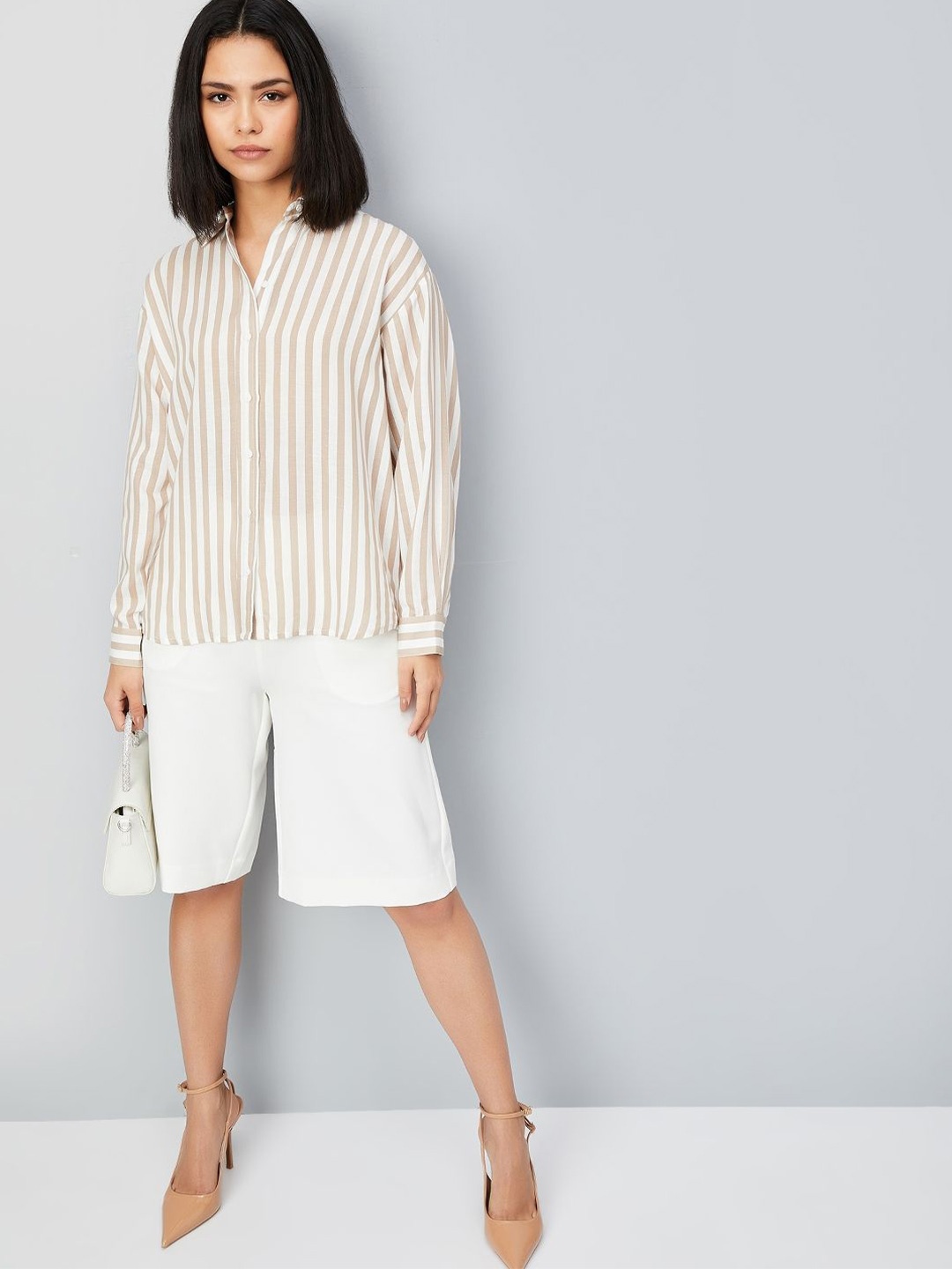 

max Women Spread Collar Vertical Striped Casual Shirt, Beige