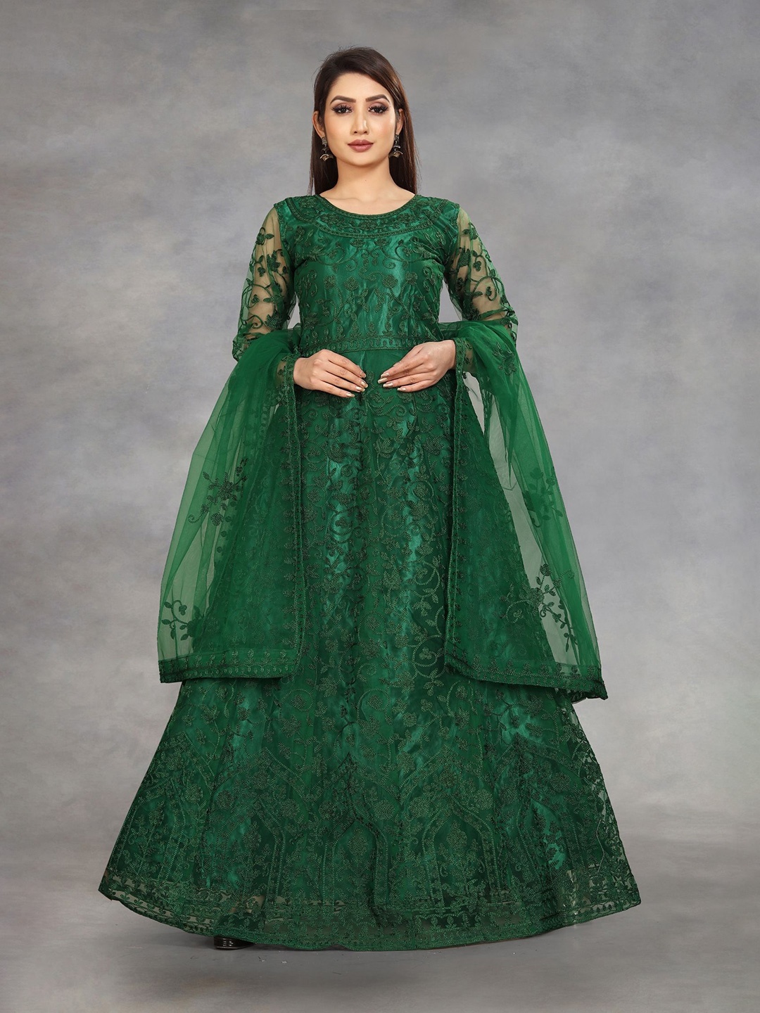 

A TO Z CART Women Embroidered Net Gown Maxi Ethnic Dress, Green