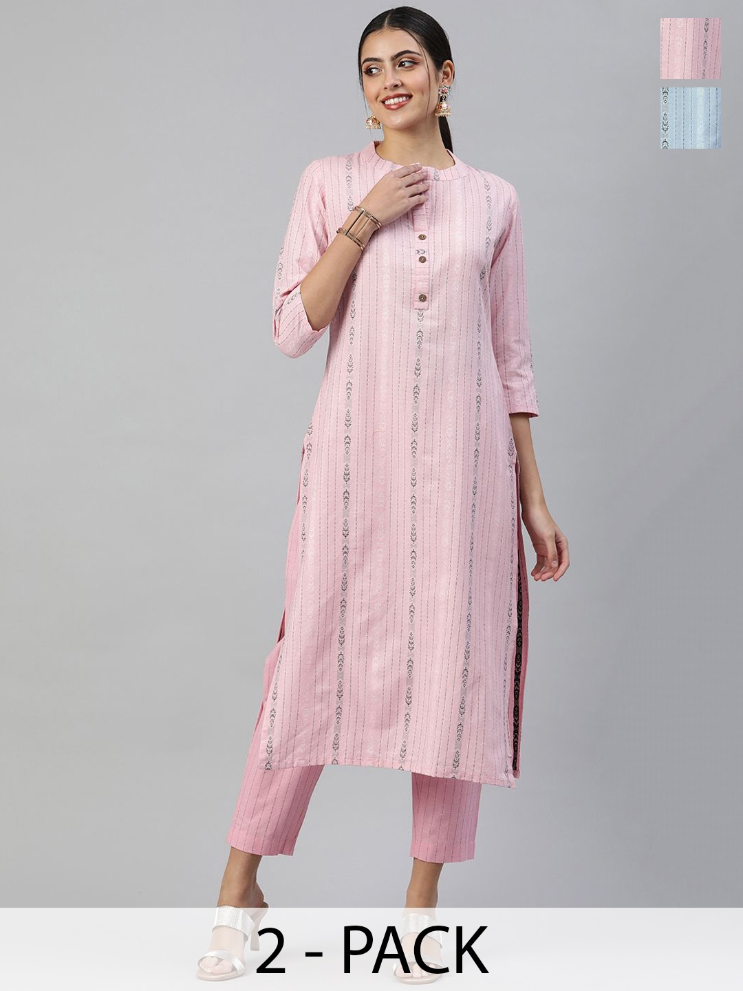 

KALINI Selection of 2 Ethnic Motifs Printed Mandarin Collar Straight Kurtas With Trousers, Pink