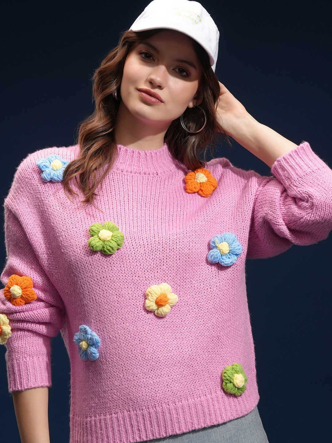 

Tokyo Talkies Women Embellished Self Design Round Neck Sweater, Pink