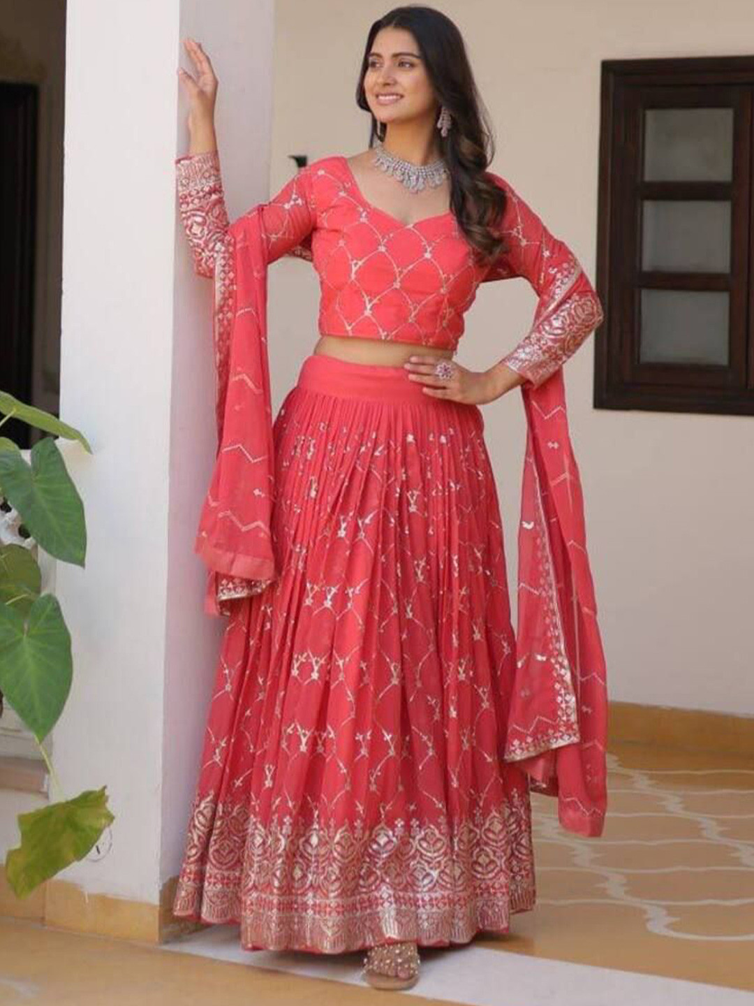 

KALINI Embroidered Sequinned Ready to Wear Lehenga & Unstitched Blouse With Dupatta, Red