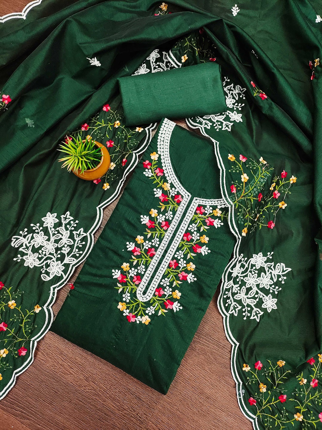 

KALINI Floral Embroidered Chanderi Cotton Unstitched Dress Material, Green