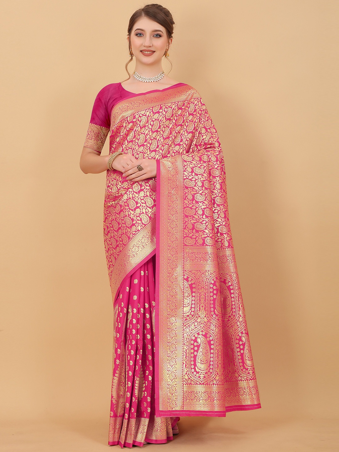 

Upalksh Floral Zari Pure Cotton Banarasi Saree, Pink