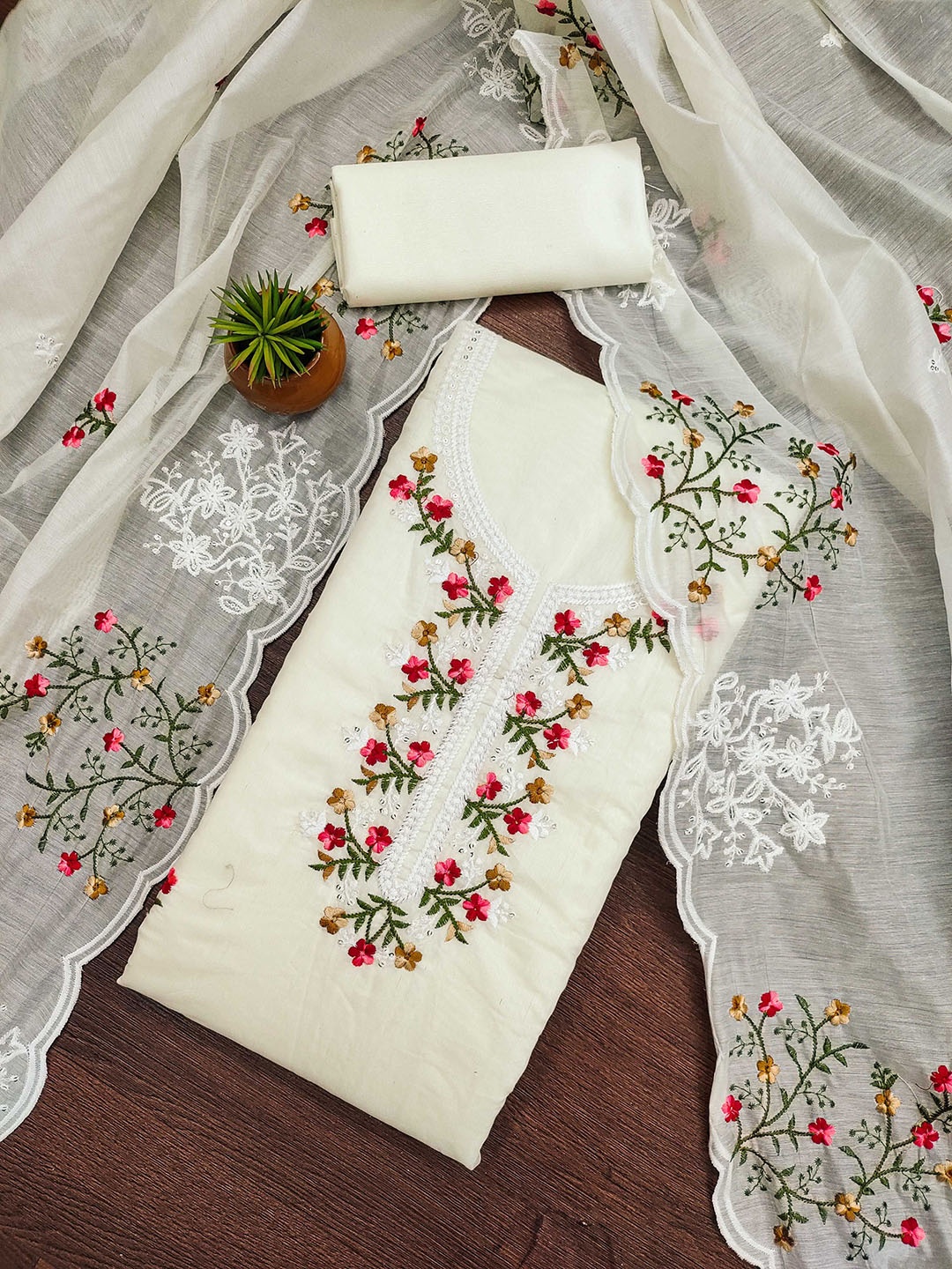

KALINI Floral Embroidered Chanderi Cotton Unstitched Dress Material, White