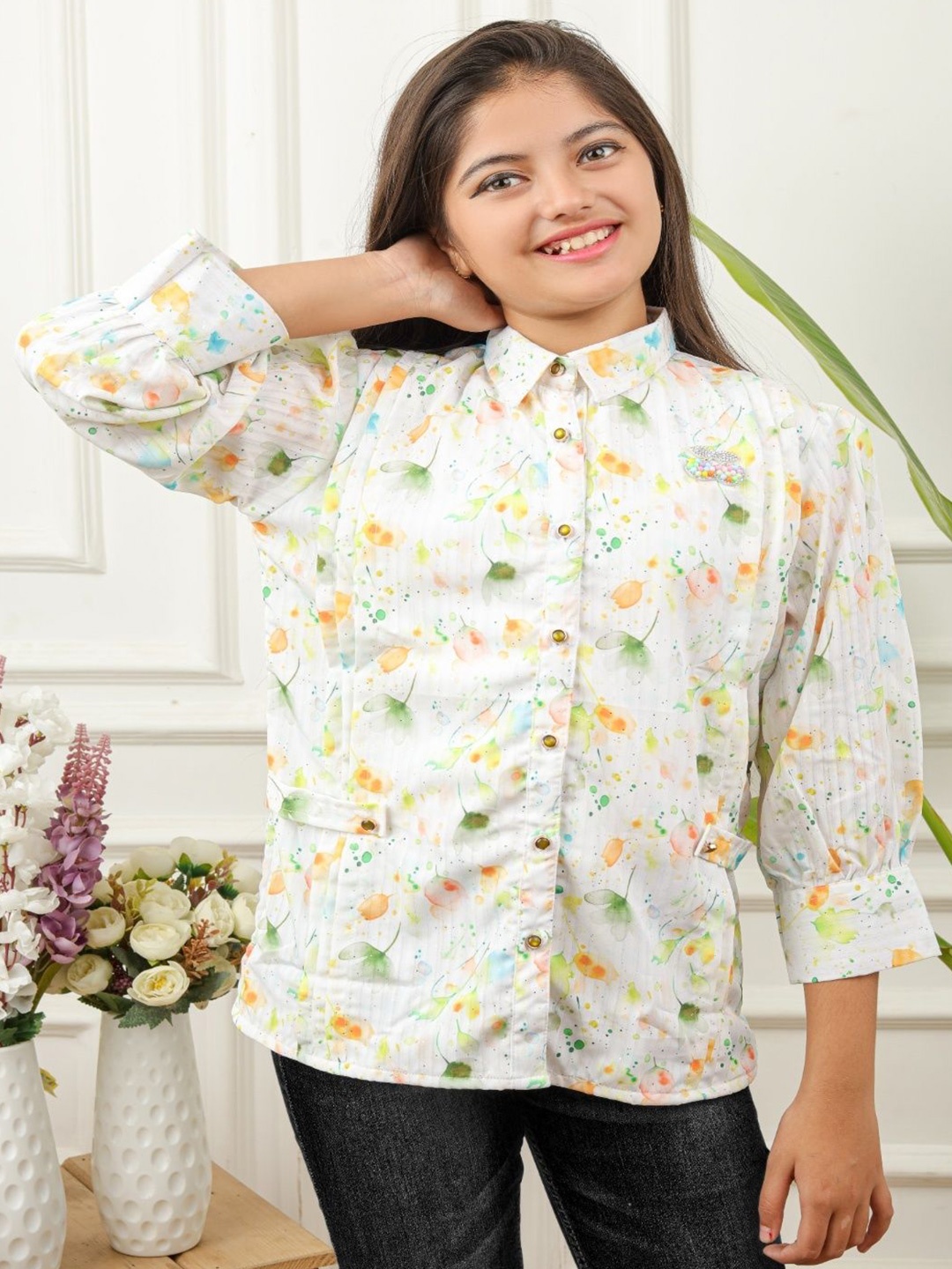 

BAESD Girls Floral Printed Shirt Collar Shirt Style Top, Off white