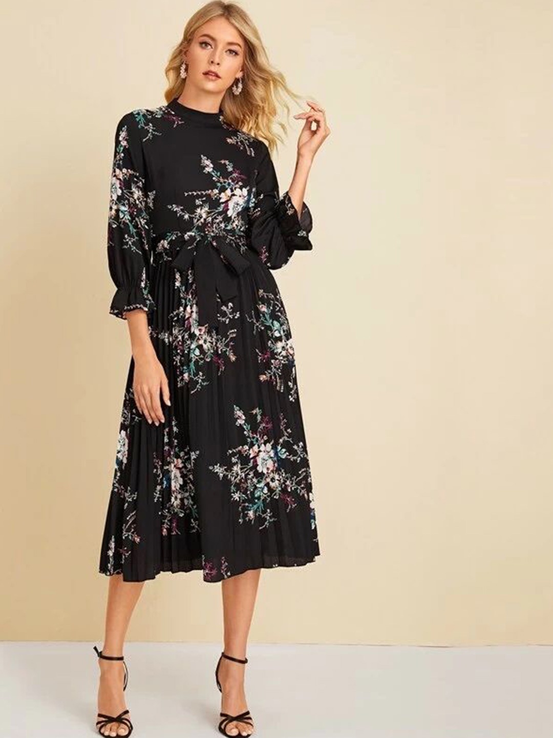 

Stylecast X Slyck Floral Printed Tie-Ups High Neck Fit & Flare Midi Dress, Black