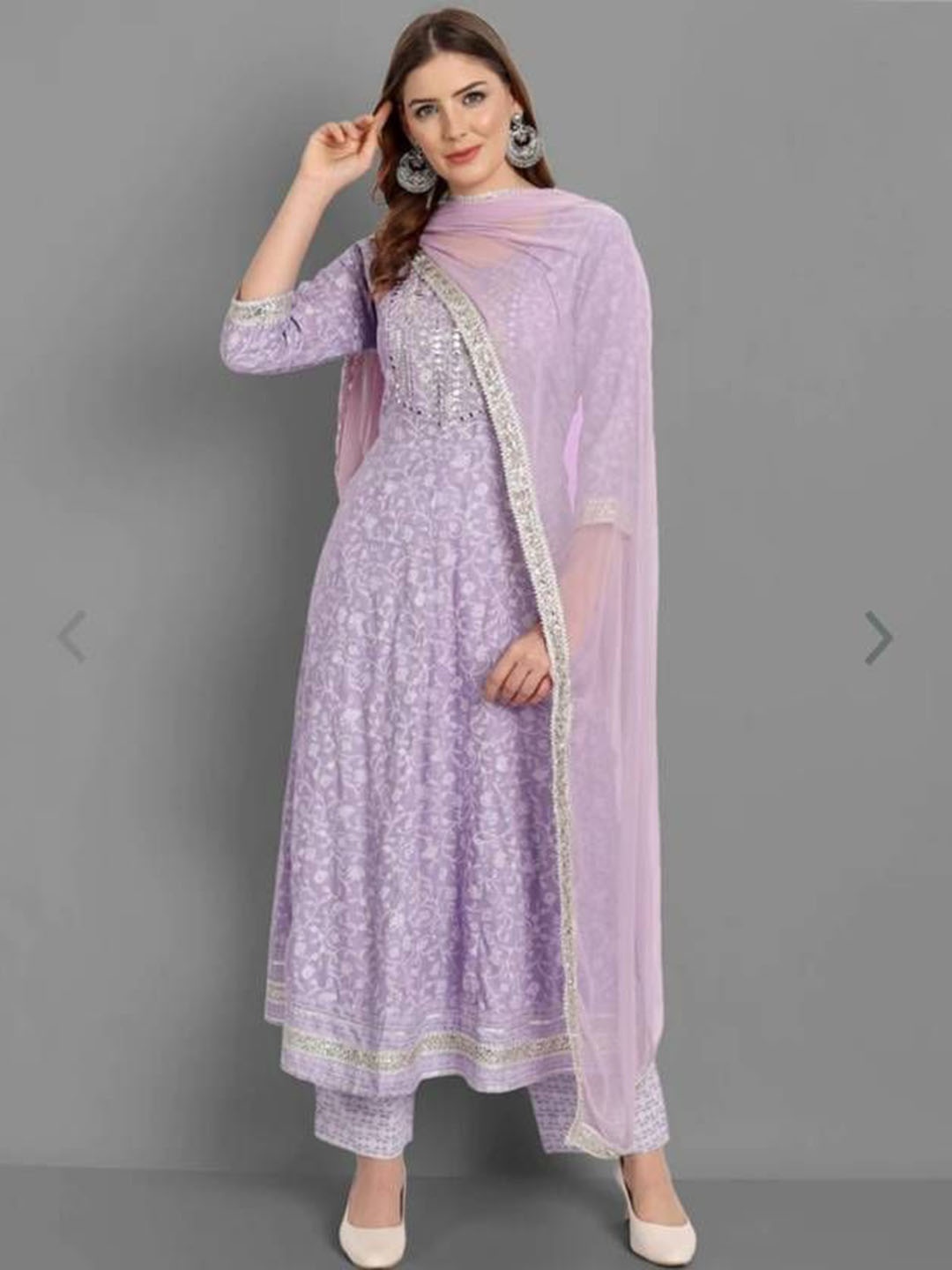 

Lookmark Floral Printed Mirror Work Anarkali Kurta With Trousers And Dupatta, Purple