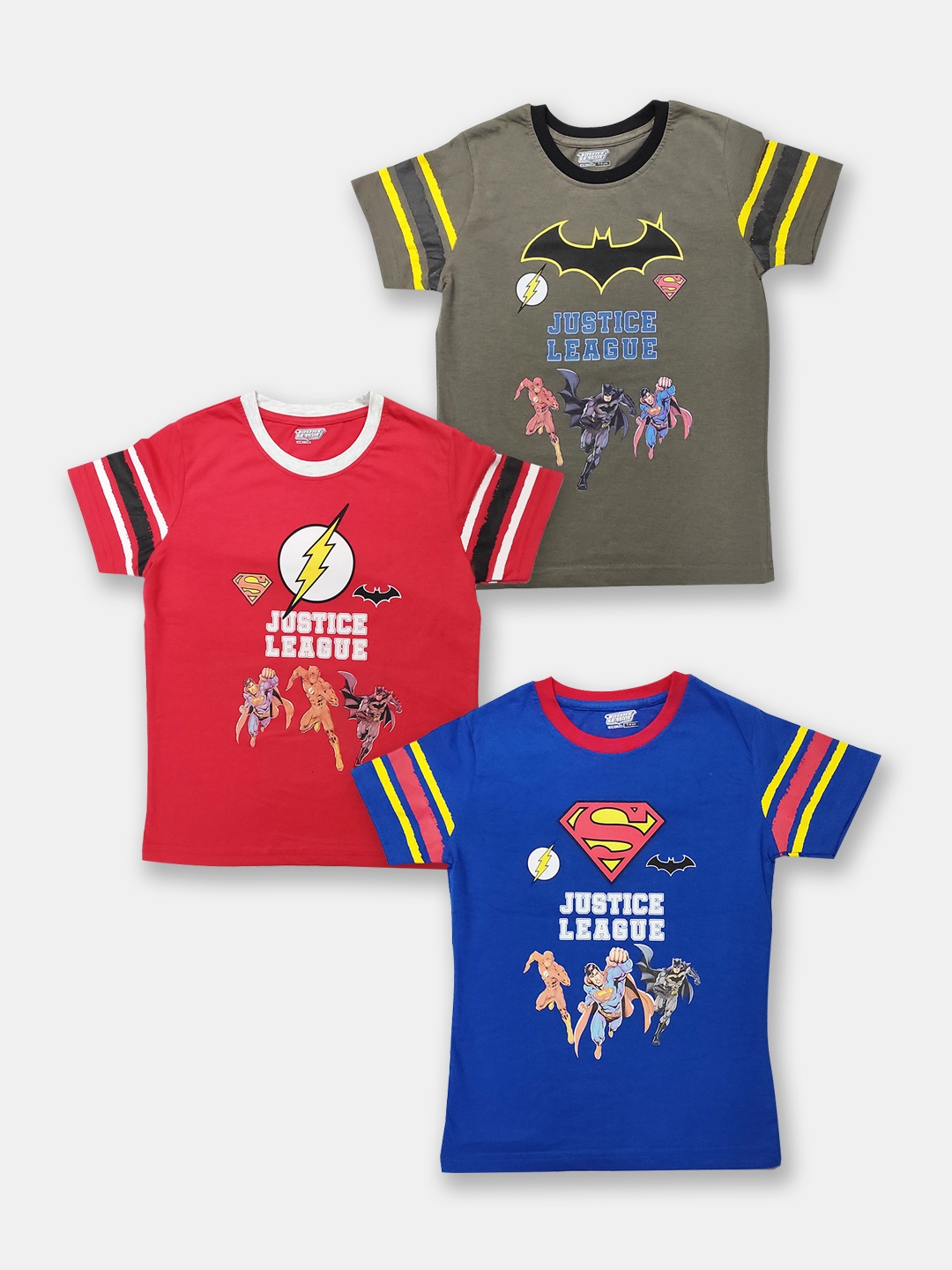 

Here&Now X Game Begins Boys Pack Of 3 Assorted Justice League Printed Pure Cotton T-shirts