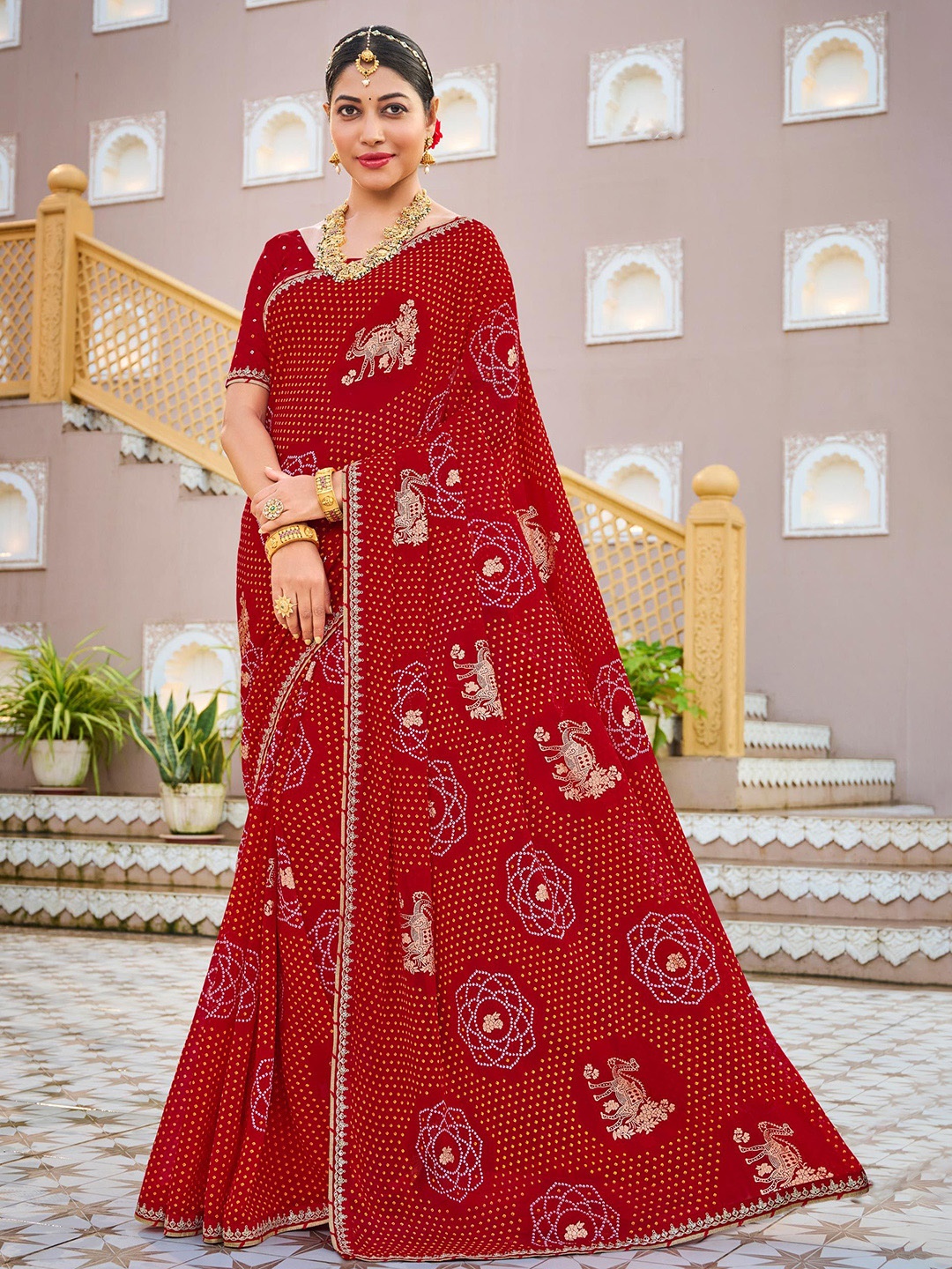 

Laxmipati Bandhani Printed Saree, Red