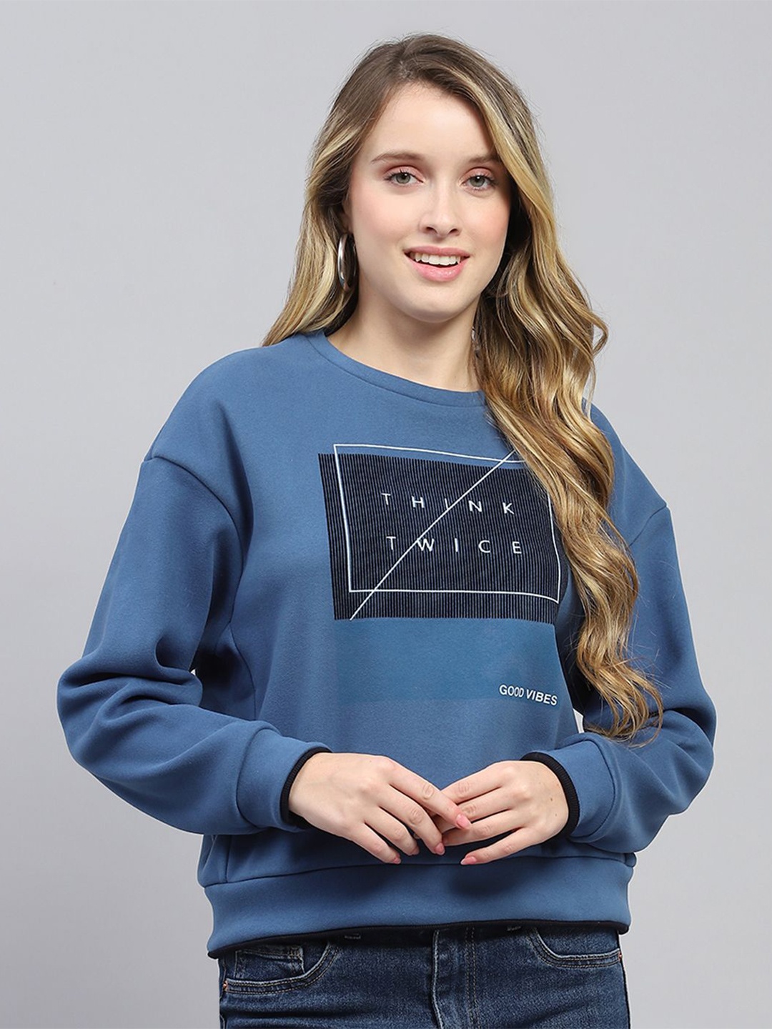 

Monte Carlo Women Printed Round Neck Pullover Sweatshirt, Blue