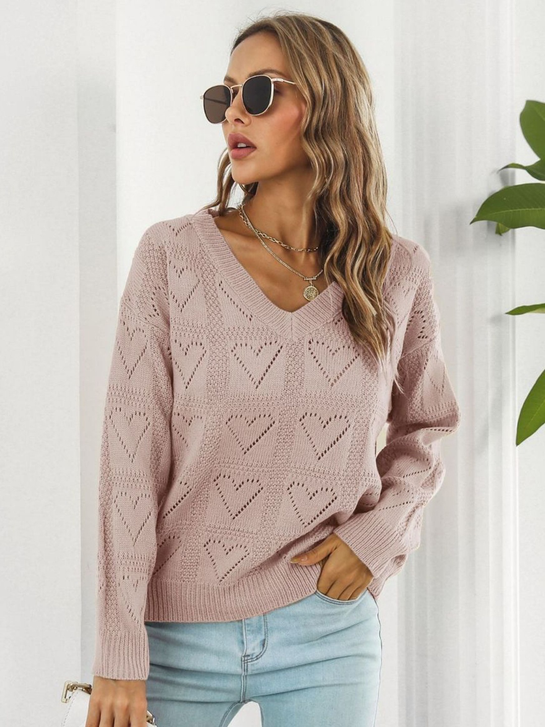 

Oh Rare Women Hollow Love Plaid Pullover Sweater, Pink