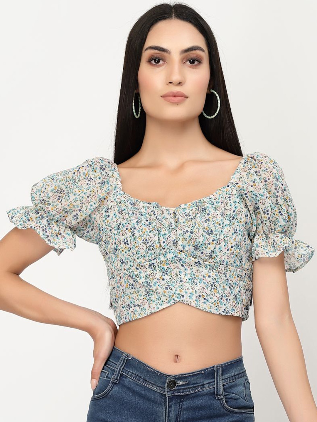

DELIS Women Floral Printed Puff Sleeve Georgette Crop Top, White