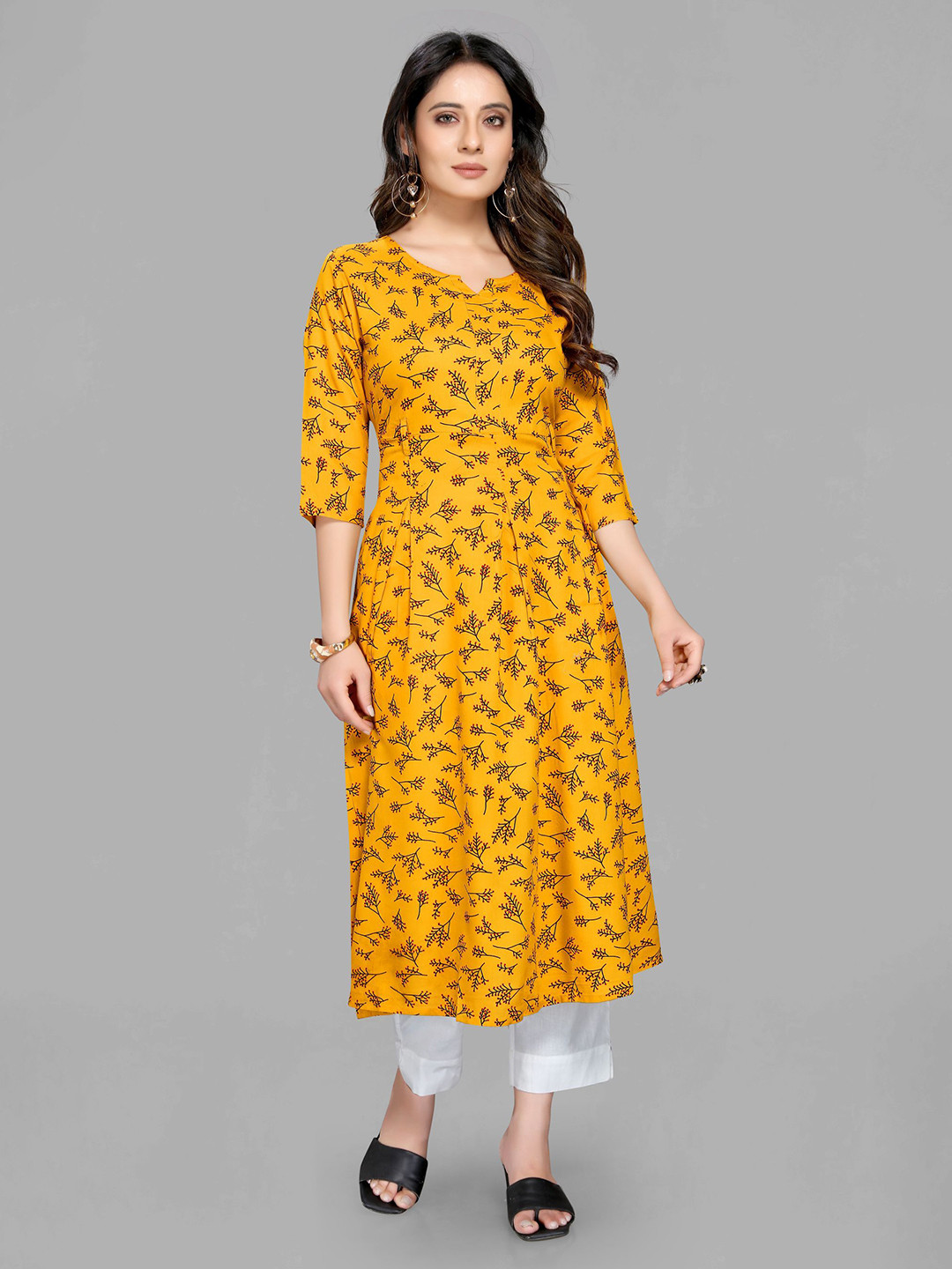 

Krimmple Women Floral Printed Floral Kurta, Mustard