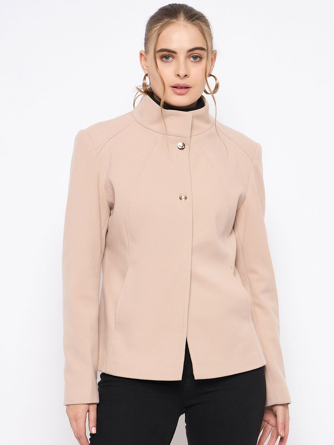 

Madame Women Mock Collar Single-Breasted Short Coat, Beige