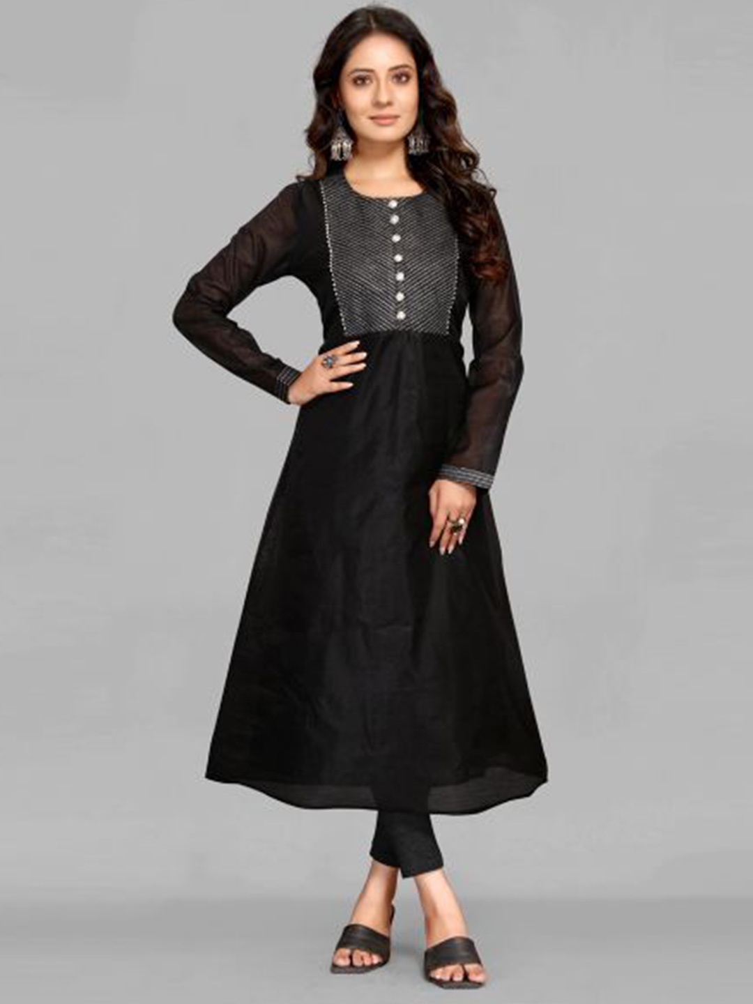

Krimmple Women Thread Work Anarkali Kurta, Black