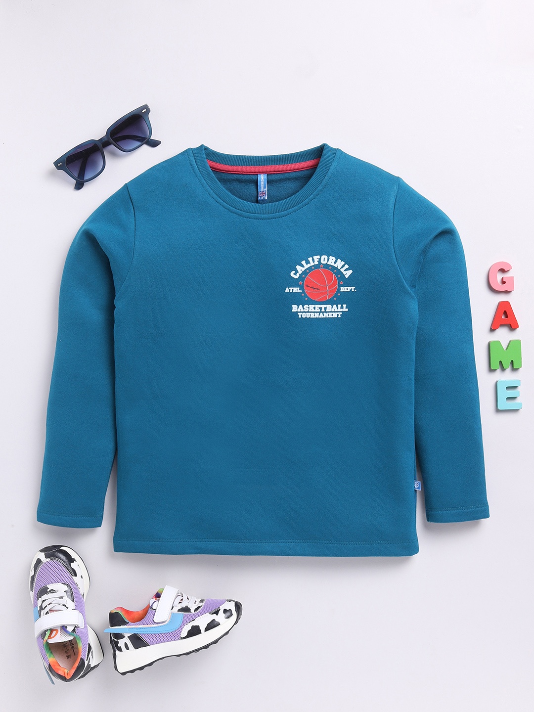 

Here&Now X Game Begins Boys Printed Typography Sweatshirt, Teal