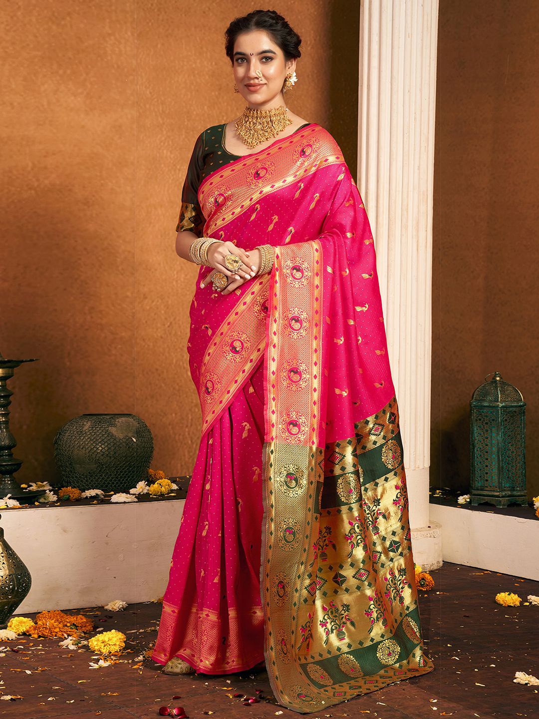 

KALINI Woven Design Zari Paithani Saree, Pink