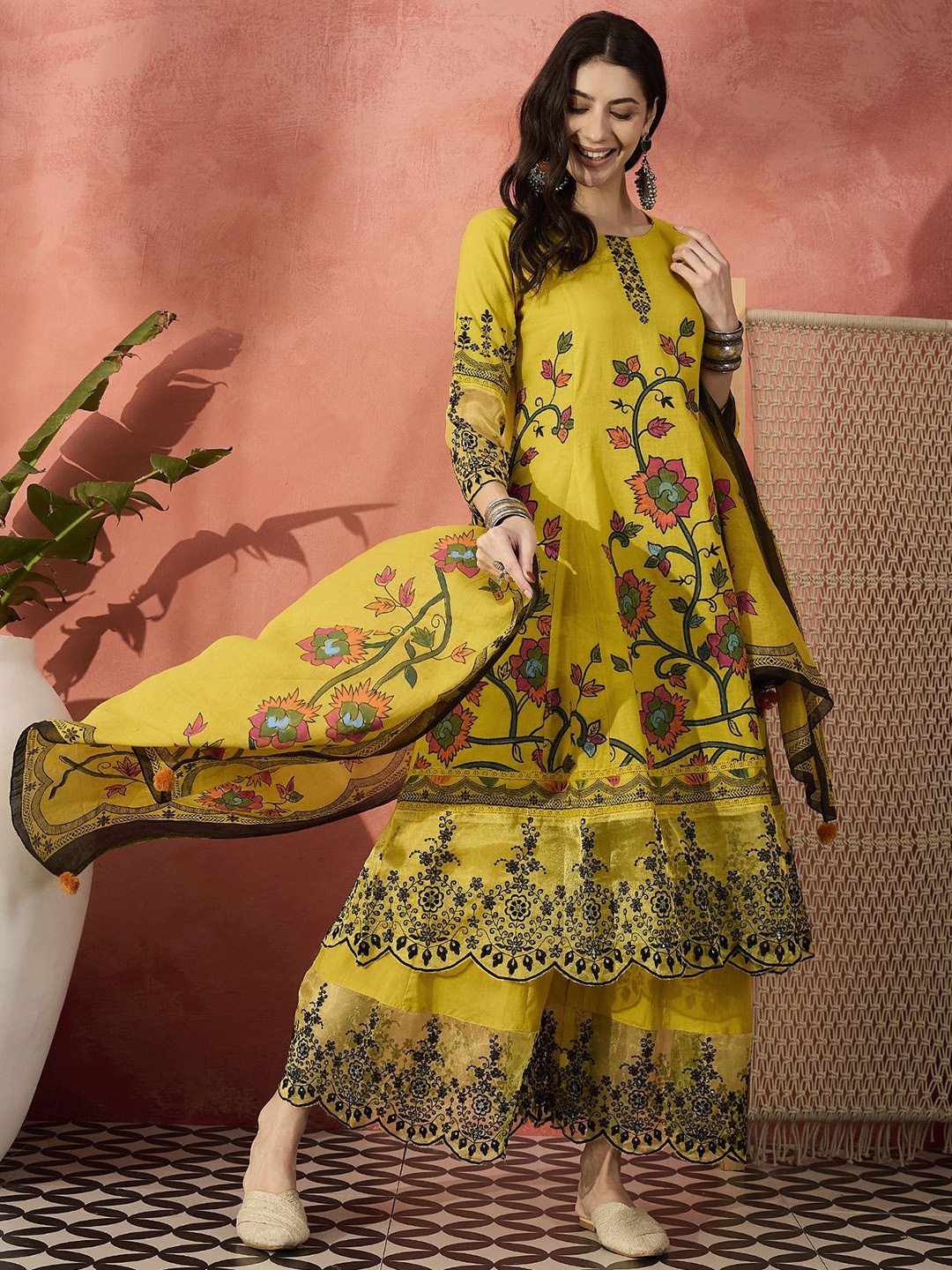 

Sangria Embroidered Pure Cotton Round Neck Anarkali Kurta & Palazzos With Dupatta, Yellow