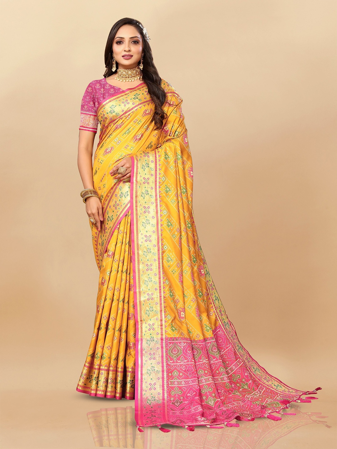 

Upalksh Ethnic Motifs Woven Design Zari Pure Cotton Patola Saree, Yellow