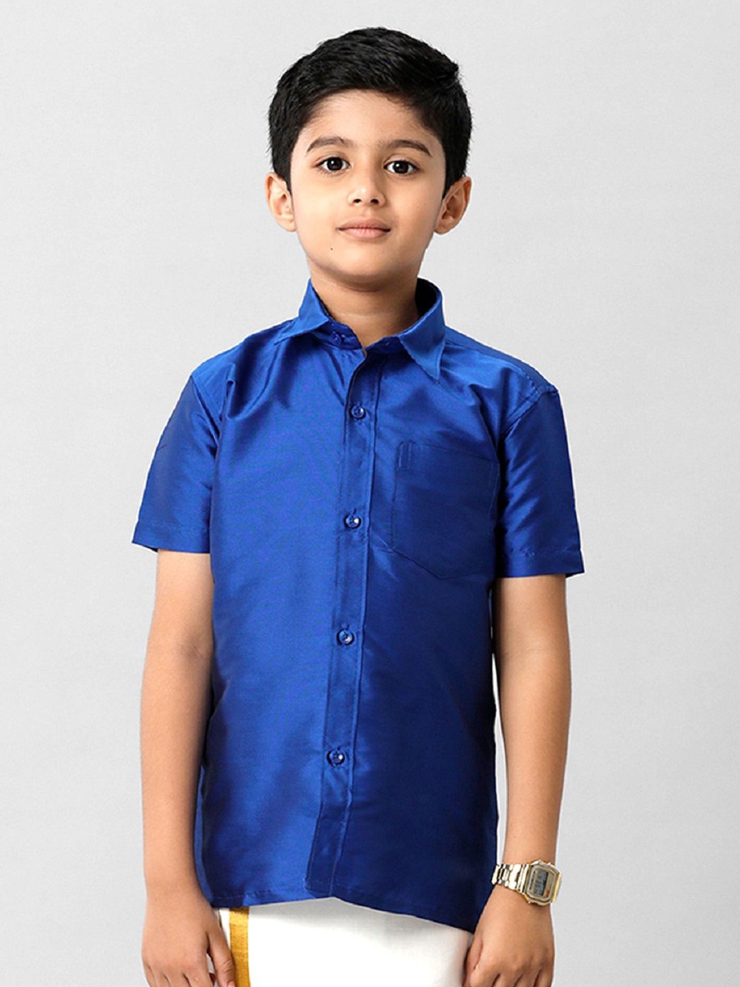 

Ramraj Boys Solid Short Sleeve Shirt With Chest Pocket, Blue