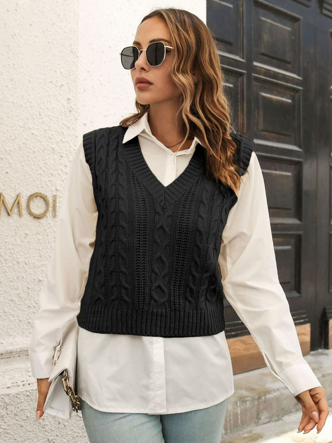 

Oh Rare Women V-Neck Sleeveless Cable Knit Sweater Vest, Black