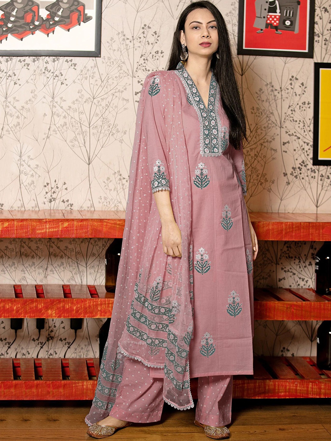 

Anni Designer Floral Printed V-Neck Straight Kurta With Palazzos And Dupatta, Pink