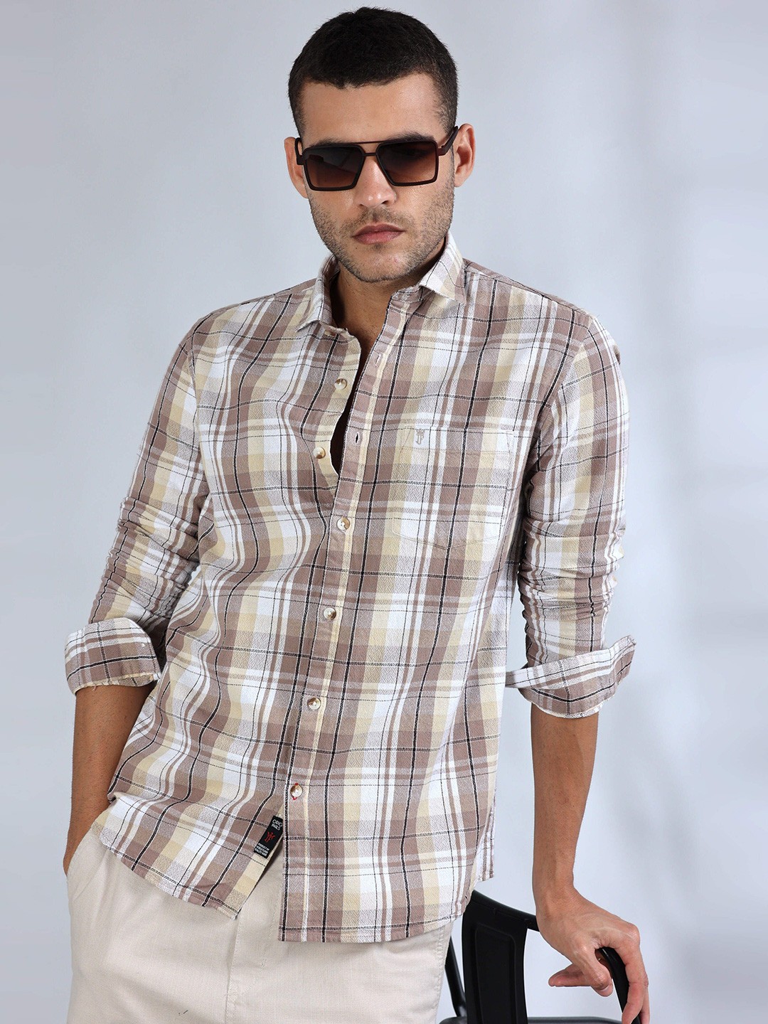 

HOUSE OF MAHNOTS Men Classic Slim Fit Spread Collar Tartan Checked Cotton Casual Shirt, Taupe