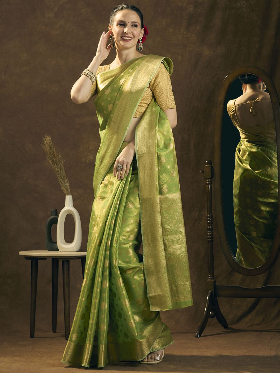 

JUST FASHION Ethnic Motifs Woven Design Zari Tissue Banarasi Saree, Lime green