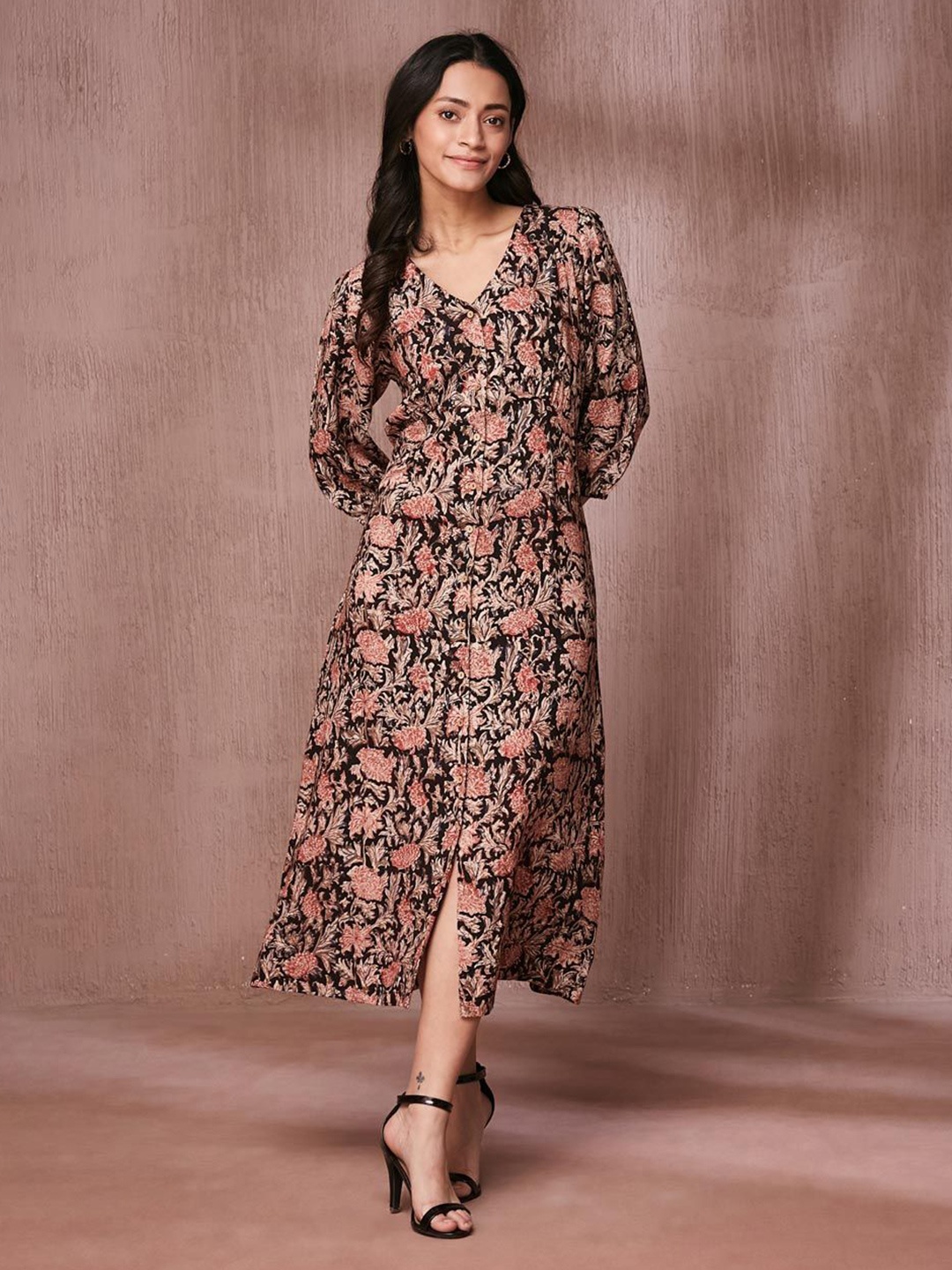 

Fabindia Women Floral Printed A-Line Dress, Black