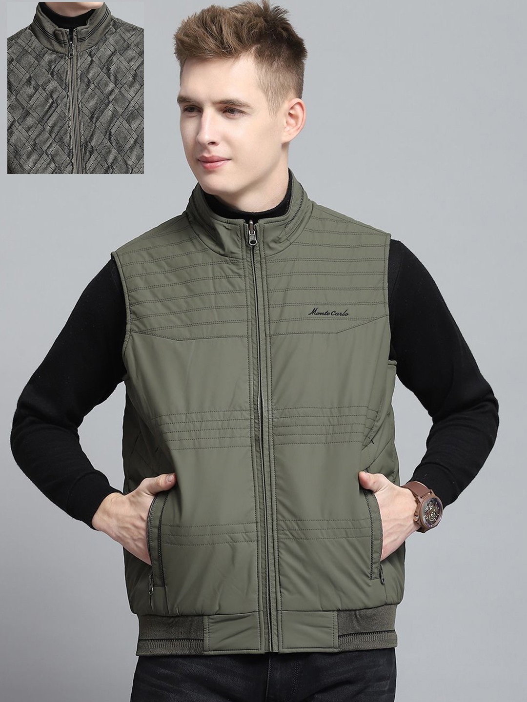 

Monte Carlo Men Checked Mock Collar Sleeveless Reversible Bomber Jacket, Olive